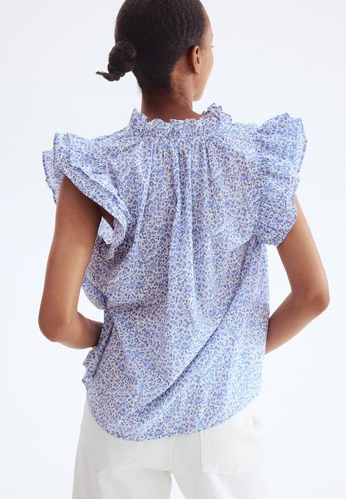 H&M - Frill-trimmed blouse - white & light blue floral