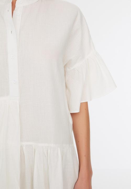Trendyol - Mini Short Sleeve Woven Dress - White