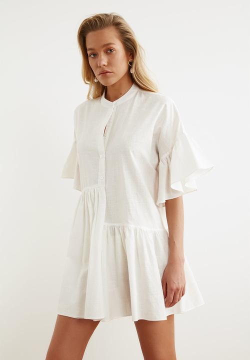 Trendyol - Mini Short Sleeve Woven Dress - White