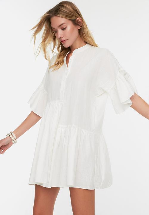 Trendyol - Mini Short Sleeve Woven Dress - White