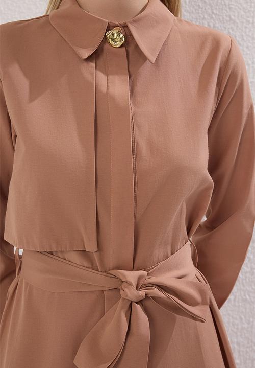Trendyol - Maxi Self Cloth Belted Woven Dress - Brown