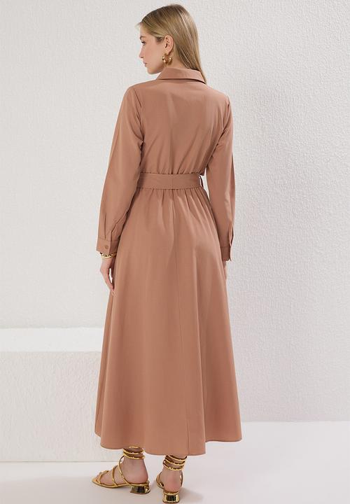 Trendyol - Maxi Self Cloth Belted Woven Dress - Brown
