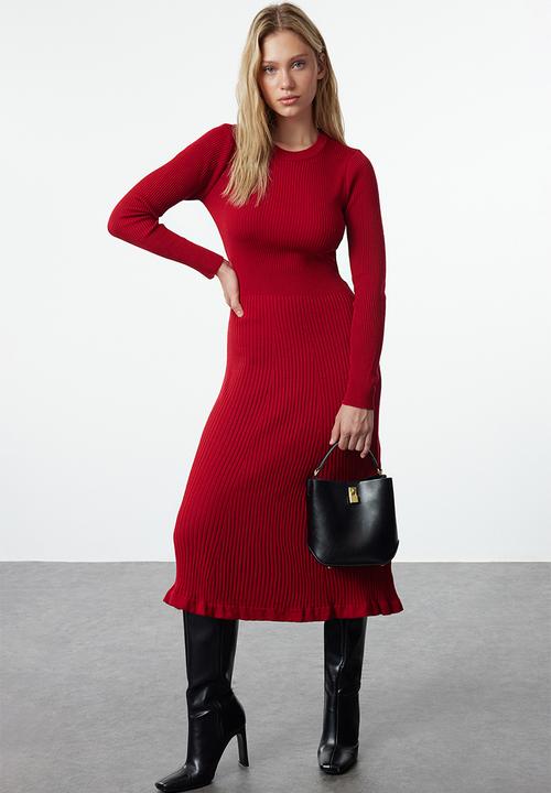 Trendyol - Midi Knit Dress - Red