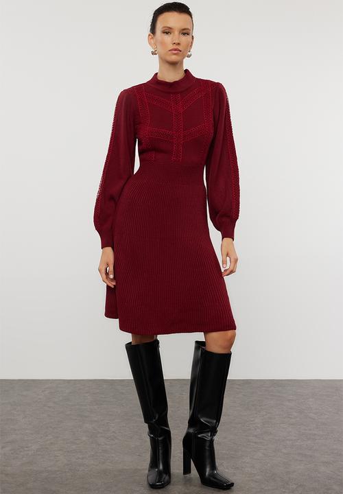 Trendyol - Midi Knit Dress - Burgundy