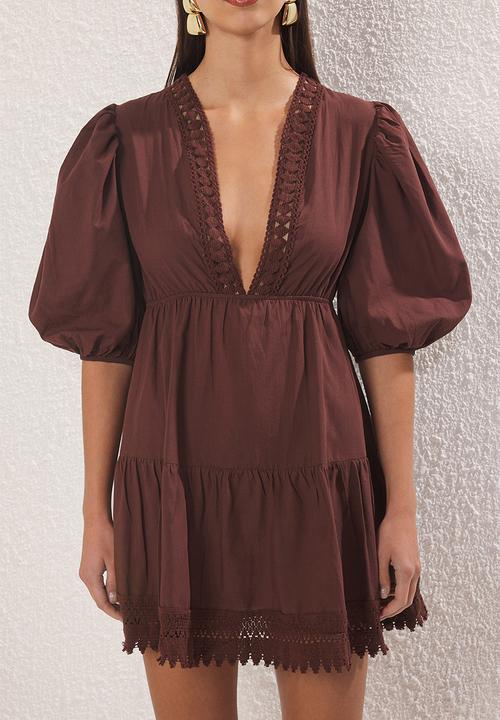 Trendyol - Mini Deep V Woven Dress - Brown