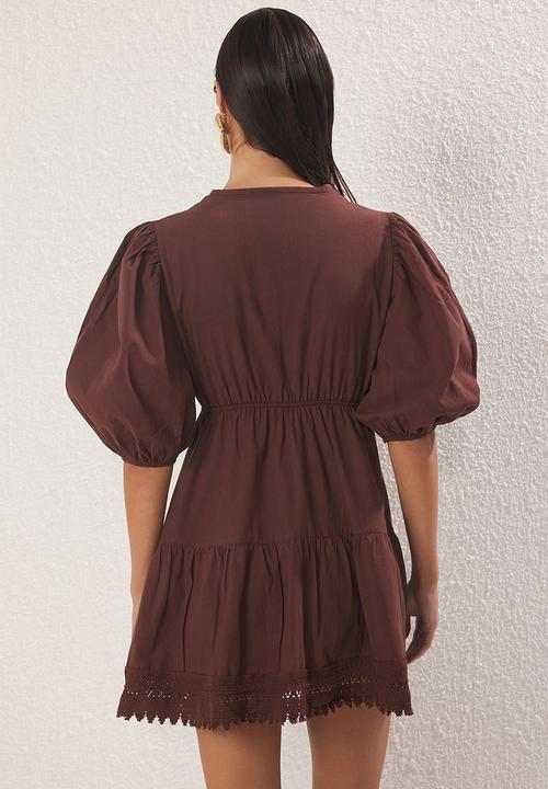 Trendyol - Mini Deep V Woven Dress - Brown