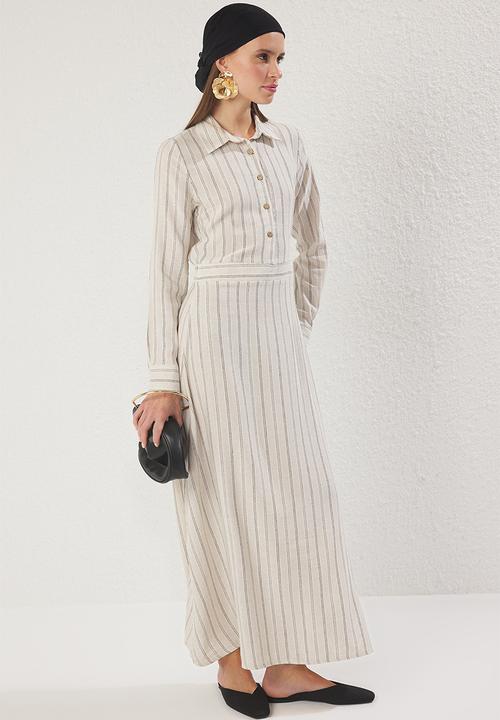 Trendyol - Maxi Woven Striped  Dress - Beige