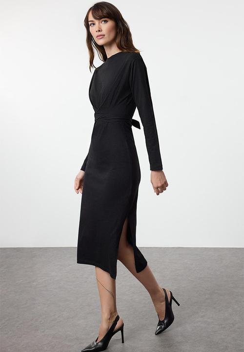 Trendyol - Midi Pencil Knit Back Tie Belt Dress - Black