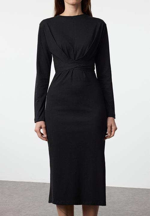 Trendyol - Midi Pencil Knit Back Tie Belt Dress - Black