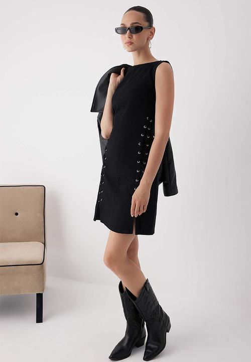 Mini Straight Cut Denim Dress - Black
