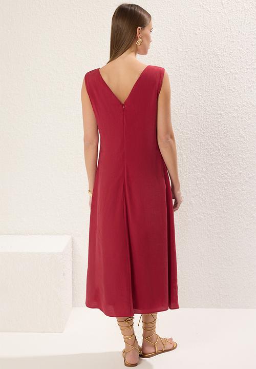 Trendyol - Midi Aline Woven V Neck  Dress - Burgundy