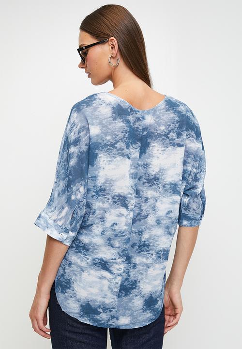 Stella Morgan - Half Sleeve Flutter Easy Wearing Boat Neck Sheer Blouse - Blue