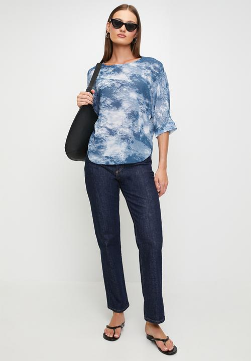 Stella Morgan - Half Sleeve Flutter Easy Wearing Boat Neck Sheer Blouse - Blue
