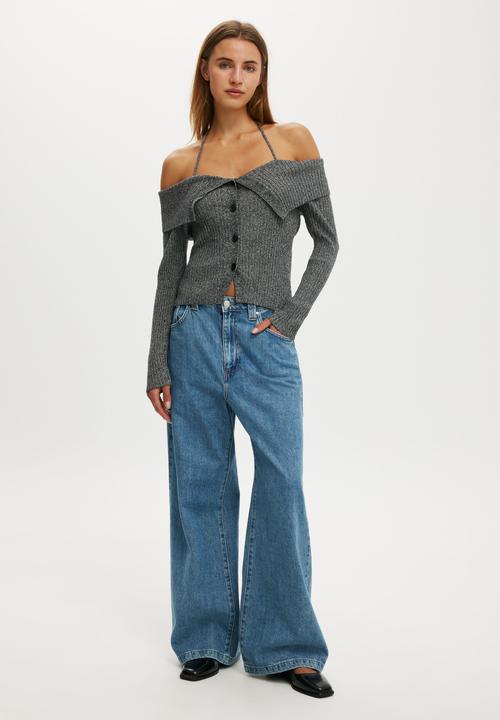 Cotton On - Button down off shoulder knit - black twist