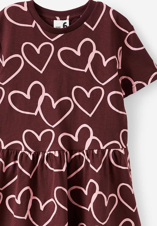 Cotton On - Willow Short Sleeve Dress - Bordeaux/Marshmallow Heart