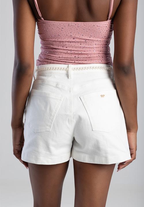 SISSY BOY - High Waist White Shorts With Pearl And Lace Belt  - White