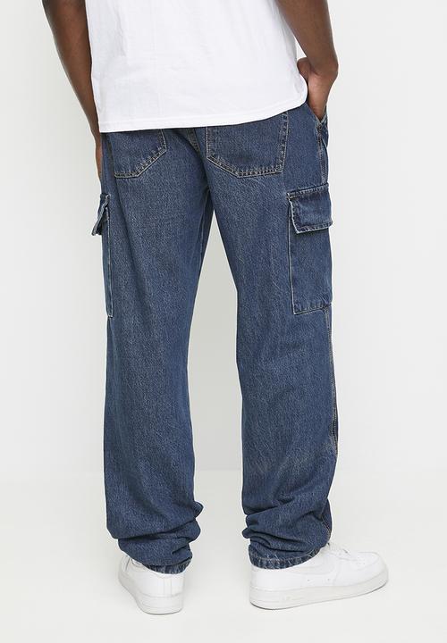 Brave Soul - Wide Leg Denim Jean Cargo Pockets - Mid Blue Wash Long Length
