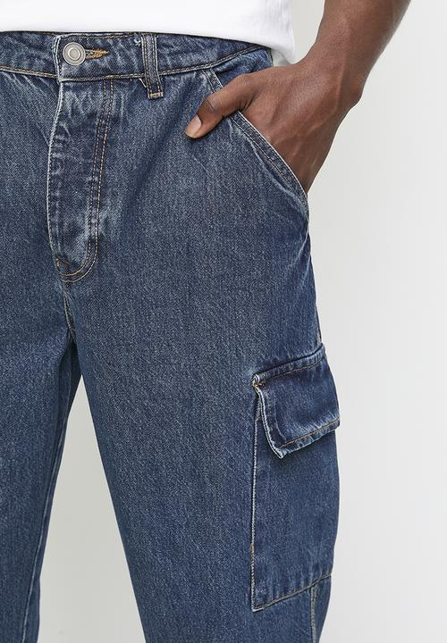 Brave Soul - Wide Leg Denim Jean Cargo Pockets - Mid Blue Wash Long Length
