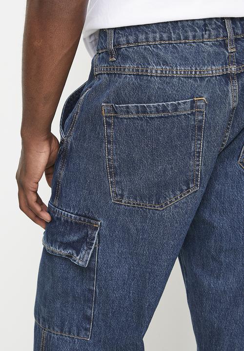 Brave Soul - Wide Leg Denim Jean Cargo Pockets - Mid Blue Wash Long Length