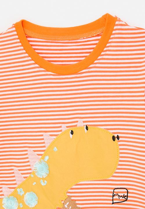 Pop Candy - Candy striped tee with multi detail dino graphic - orange