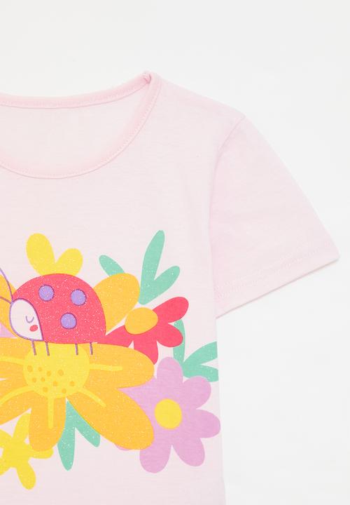 Pop Candy - Ladybug and flowers graphic tee - light pink