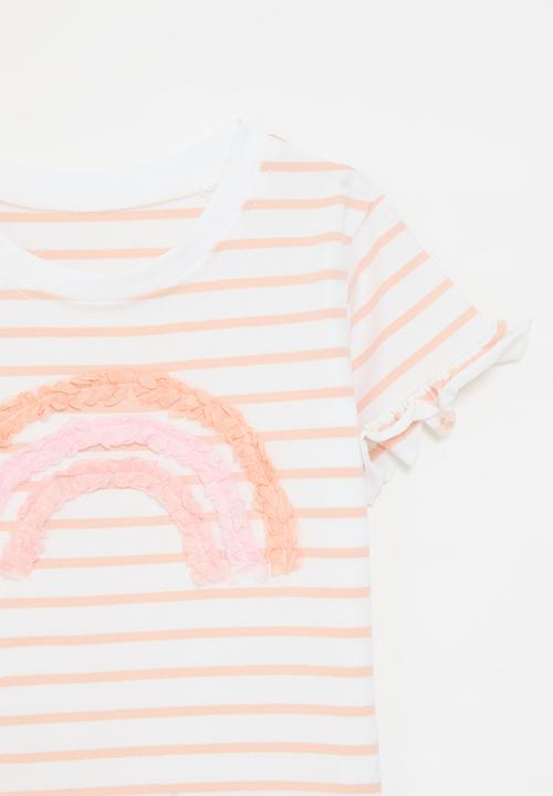 Pop Candy - Fabric rainbow applique tee - light orange stripe