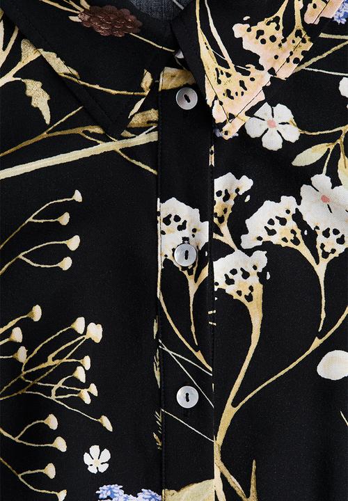 H&M - Tie-belt shirt dress -  black/floral