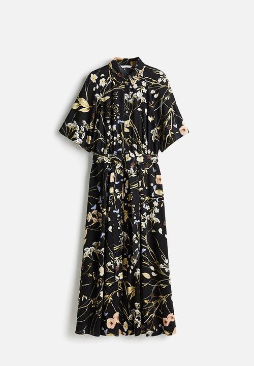 H&M - Tie-belt shirt dress -  black/floral