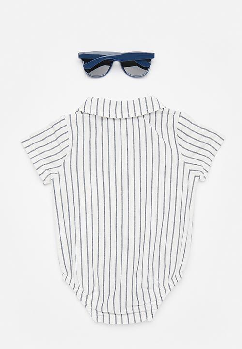 Pop Candy - Shirt-style bodysuit with sunnies - white/blue stripe