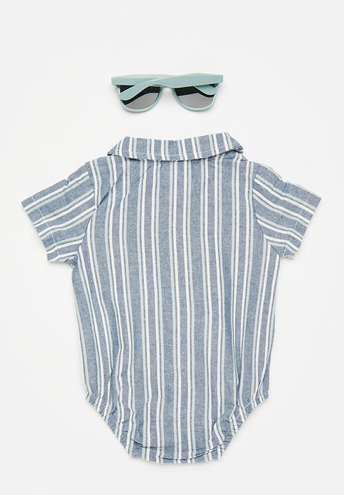 Pop Candy - Shirt-style bodysuit with sunnies - blue/white stripe