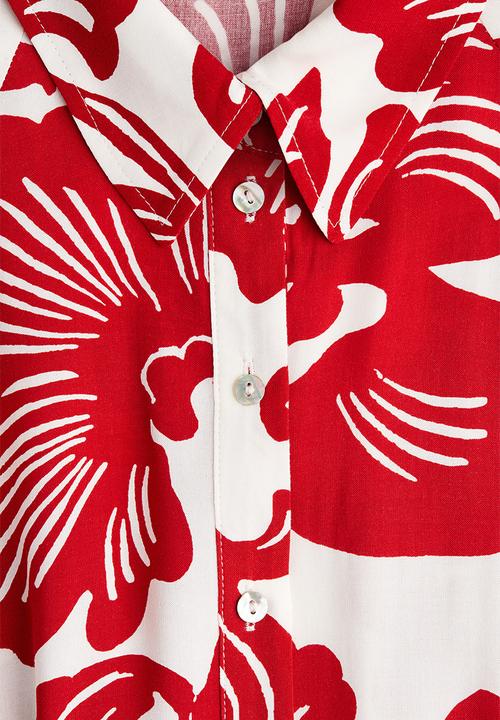 H&M - Tie-belt shirt dress - white/red floral 