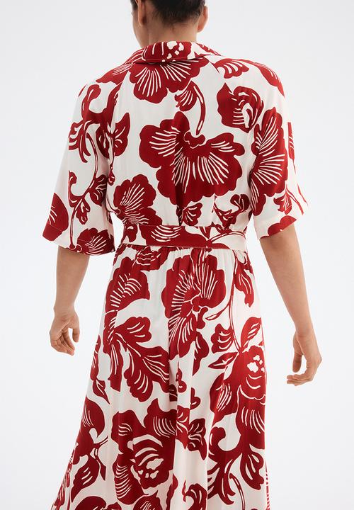 H&M - Tie-belt shirt dress - white/red floral 