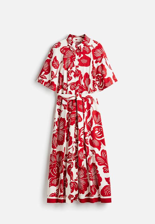 H&M - Tie-belt shirt dress - white/red floral 