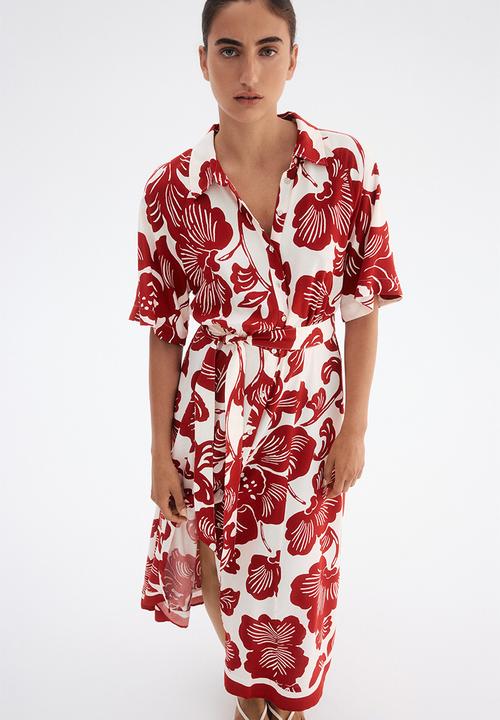 H&M - Tie-belt shirt dress - white/red floral 