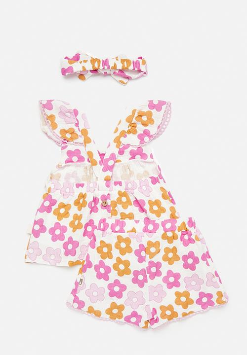 Pop Candy - Apron dress & short set with bow headband - white/floral