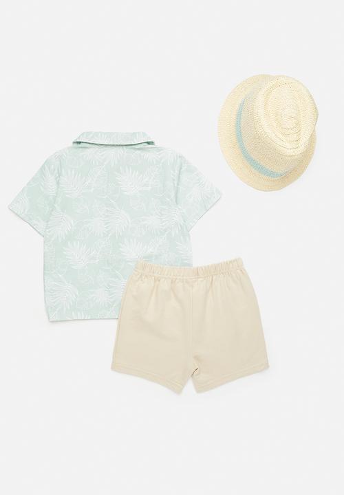 Pop Candy - Shirt & short set with panama hat - light blue/beige