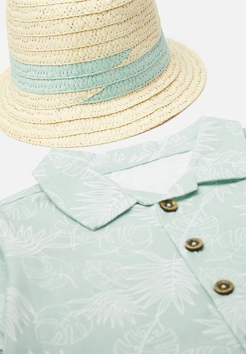 Pop Candy - Shirt & short set with panama hat - light blue/beige