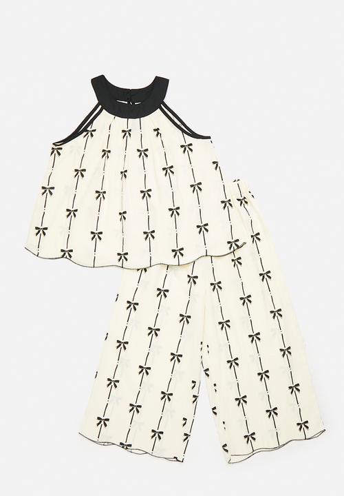 Pop Candy - Bows Print halter top & flared pants set - white/black bows