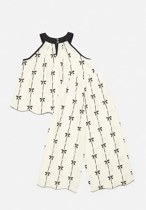 Pop Candy - Bows Print halter top & flared pants set - white/black bows