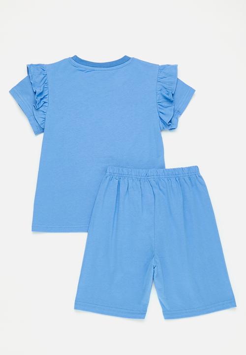 Pop Candy - Graphic and slogan ruffle tee with shorts - blue/its a lovely day