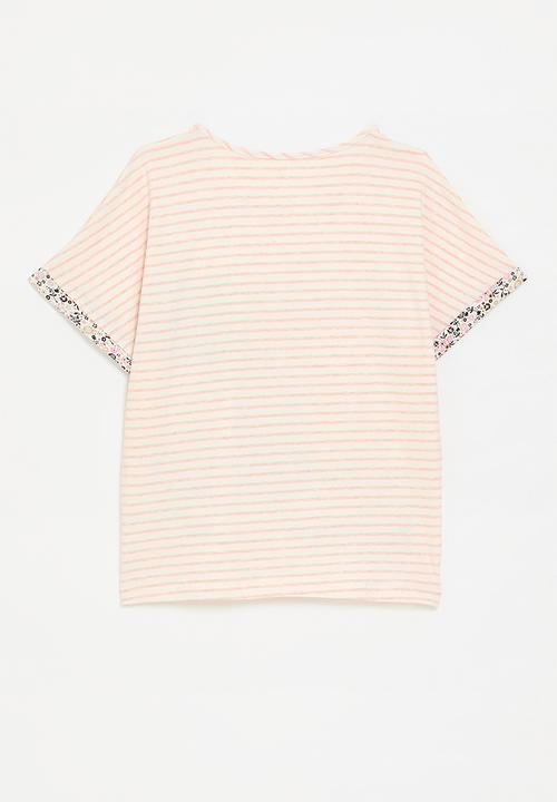 Pop Candy - Patchwork crew neck tee - neutral stripes/multi