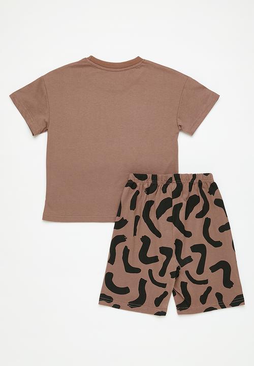 Pop Candy - Slogan tee with abstract print shorts - taupe brown/smile