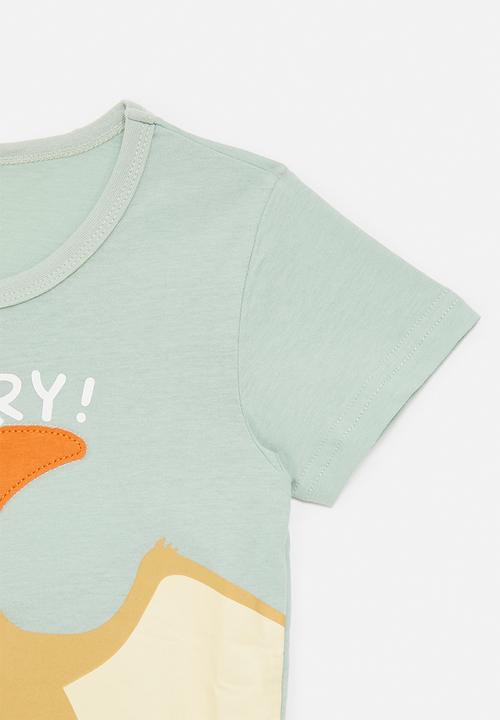 Pop Candy - Dino graphic and slogan tee - sage green/i'm hungry!