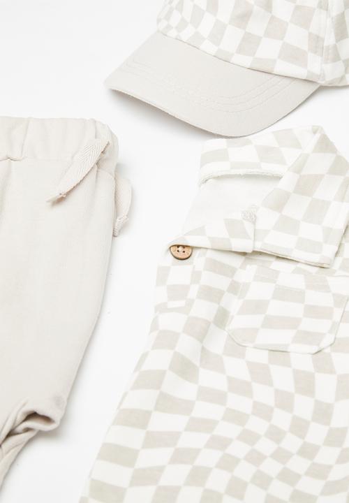 Pop Candy - Shirt & short set with cap - light green check/beige