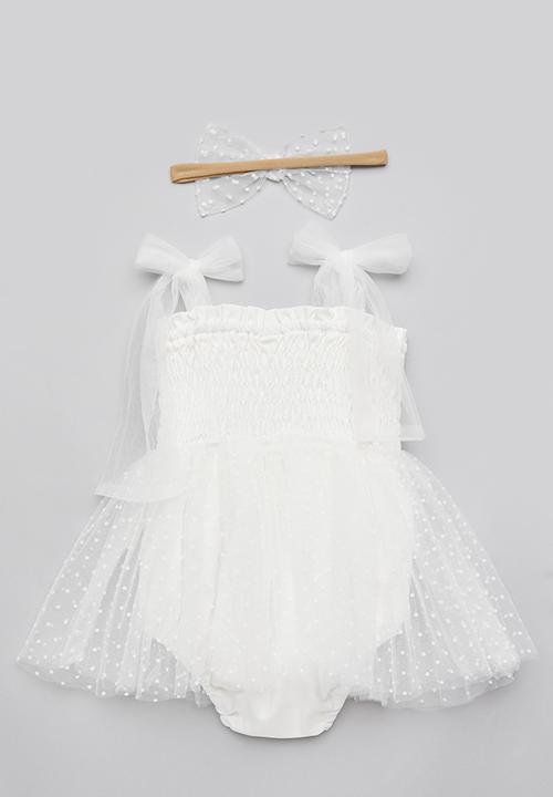 Pop Candy - Shirred bodice occasion dress & bow headband set - white