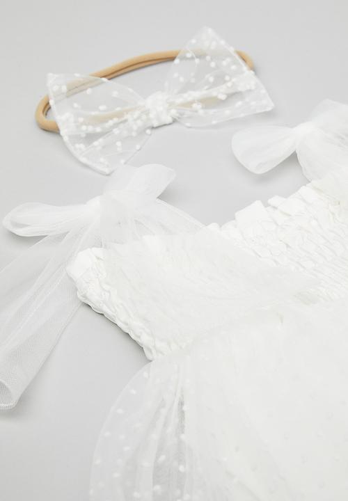 Pop Candy - Shirred bodice occasion dress & bow headband set - white