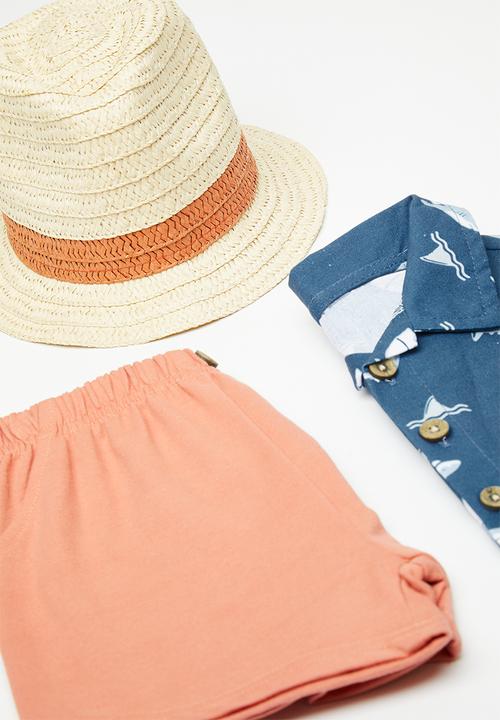 Pop Candy - Shirt & short set with panama hat - navy/sharks