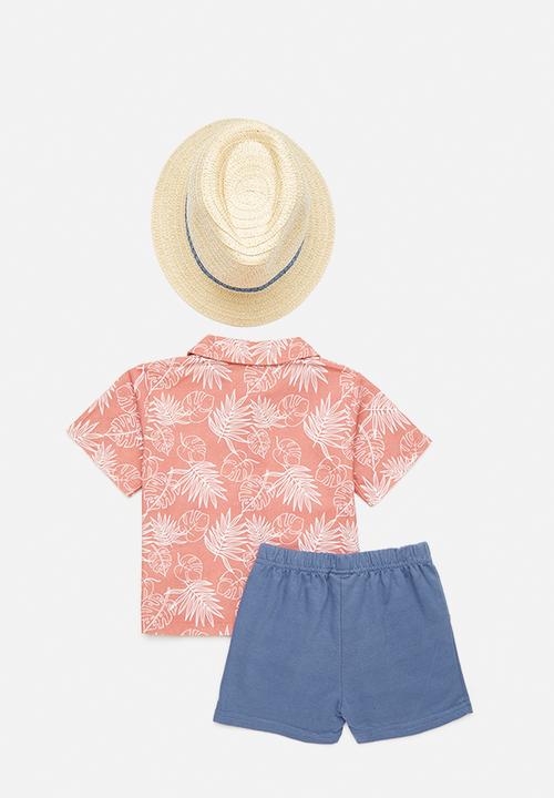 Pop Candy - Shirt & short set with panama hat - rusted brown/leaf print