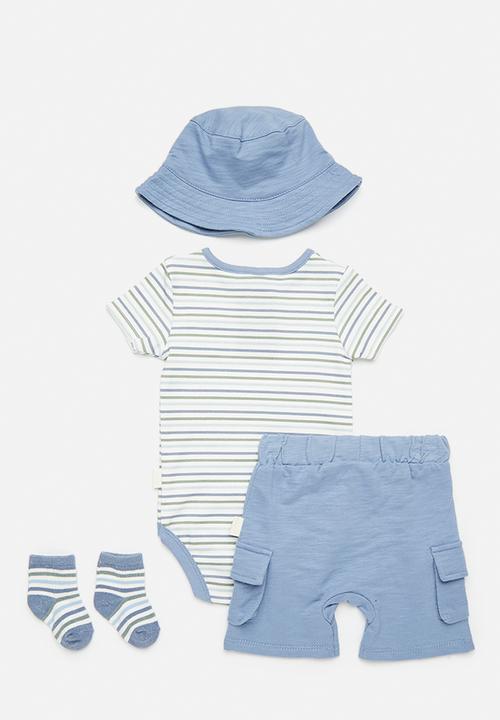 Pop Candy - Short sleeve romper & short set wit bucket hat & socks - white/blue
