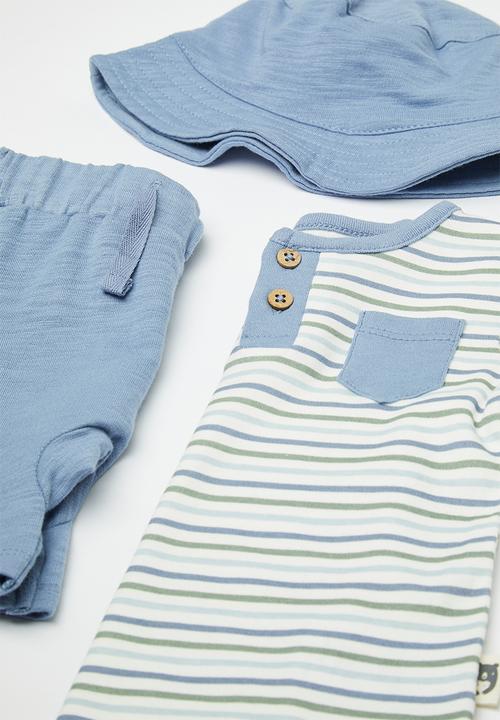Pop Candy - Short sleeve romper & short set wit bucket hat & socks - white/blue